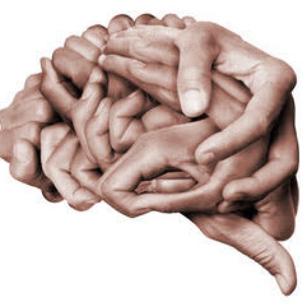 A human brain made with hands, different hands are wrapped together to form a brain. Colored with white background.